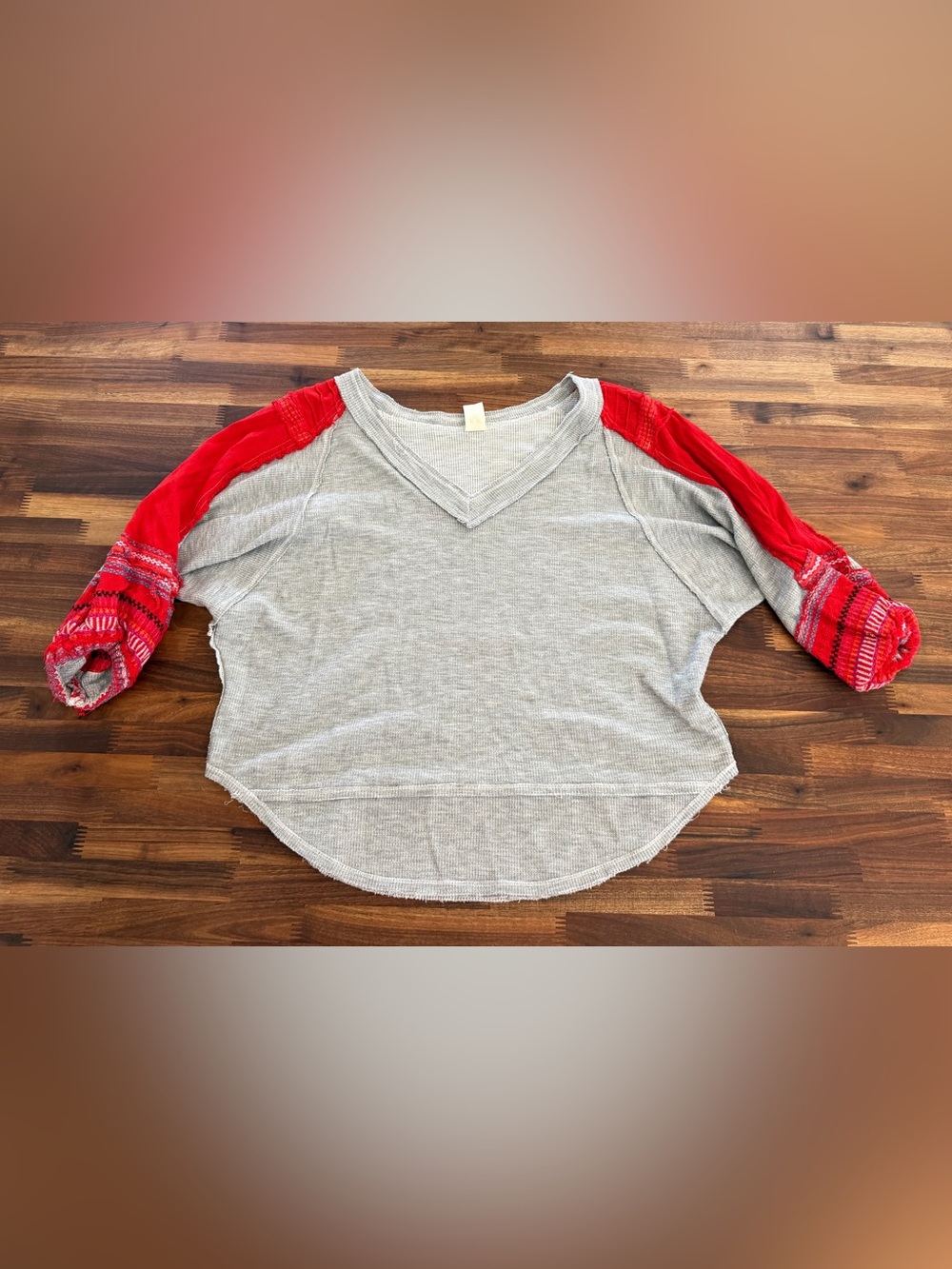 We The Free Gray Waffle V-Neck Top with Red Beautiful embellished fabric Sleeves